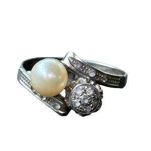 Antique Edwardian Diamond & Pearl Ring Hallmarked Wedding Promise Jewelry